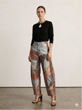 Unique Graphic Patchwork Barrel Leg Pants Trompe L'oeil Lace Up Print Denim Illu